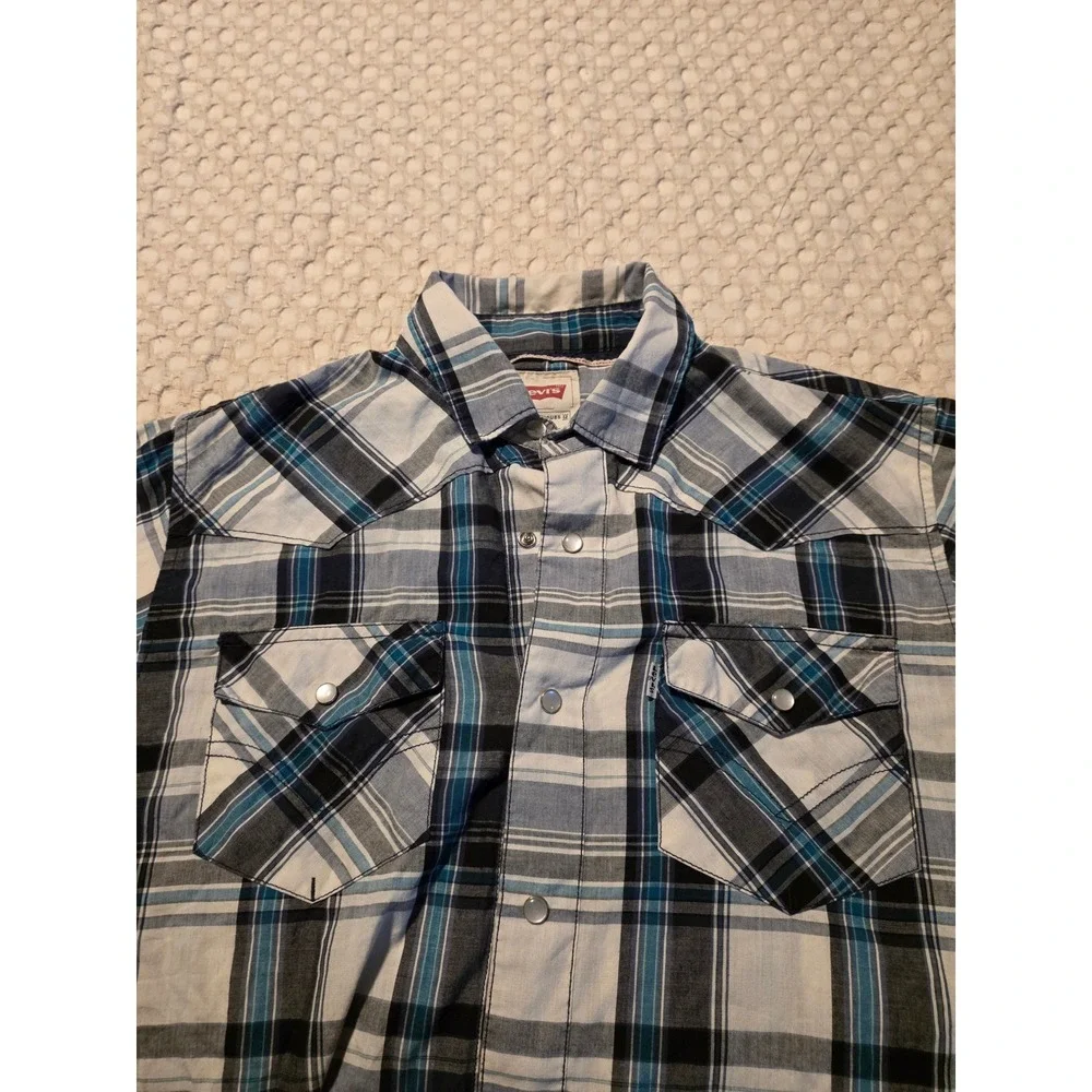 Levis Western Shirt Mens Small Blue Plaid Pearl Snap Short‎ Sleeve Excellent